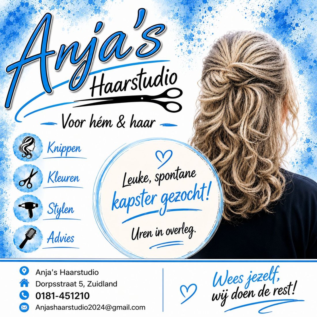 Vacature: leuke, spontane kapster gezocht bij Anja's Haarstudio. Uren in overleg.